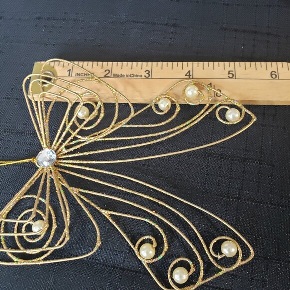 Lot of 4 Gold Glitter Christmas Tree Ornaments Bows with Faux Pearl - Picture 2 of 7